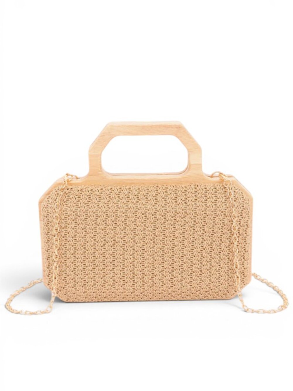 BNWT Brand New Wooden Frame Faux Straw Top Handle Box Clutch